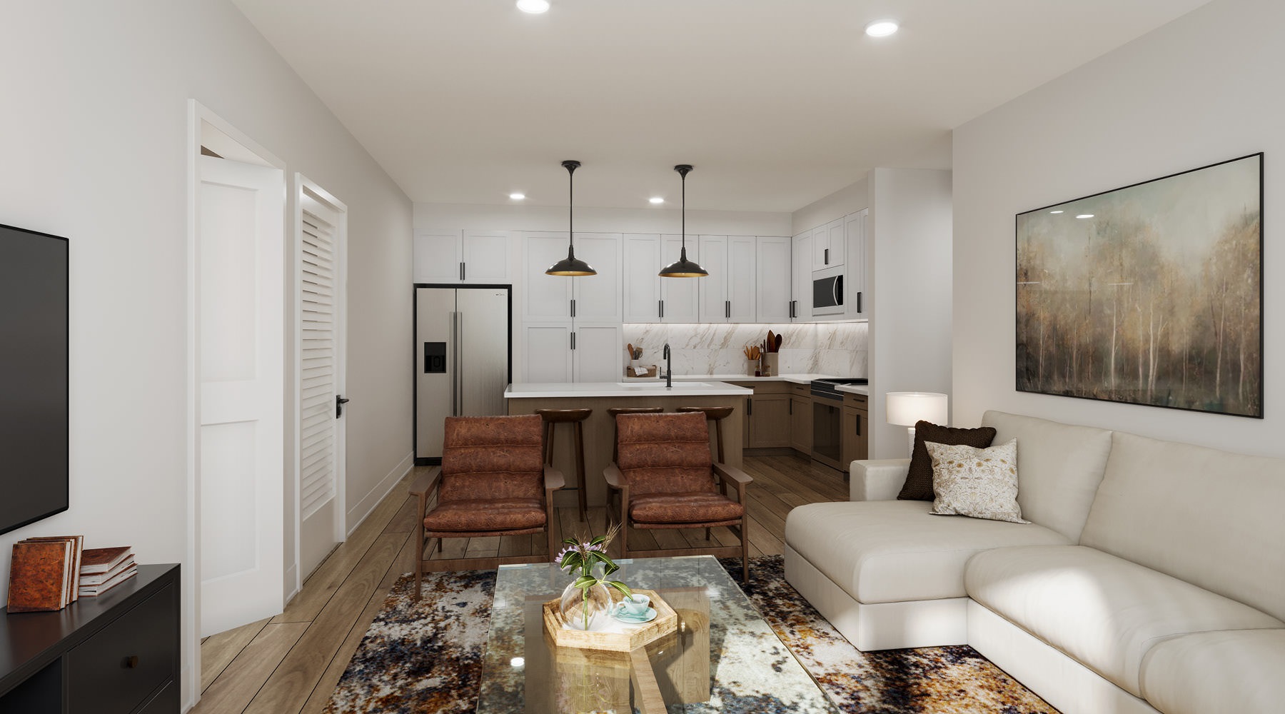 Generous living spaces with beautiful natural lighting living room open to kitchen